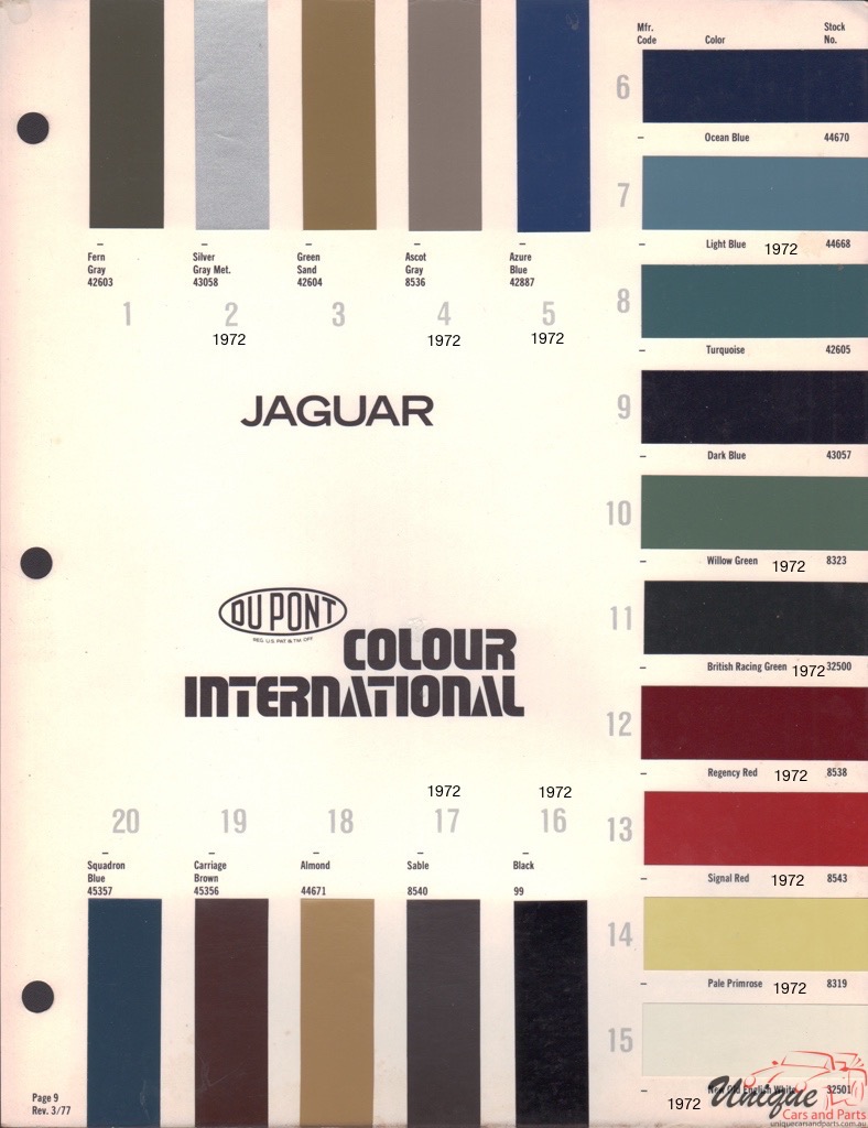 1972 Jaguar International Paint Charts DuPont 1